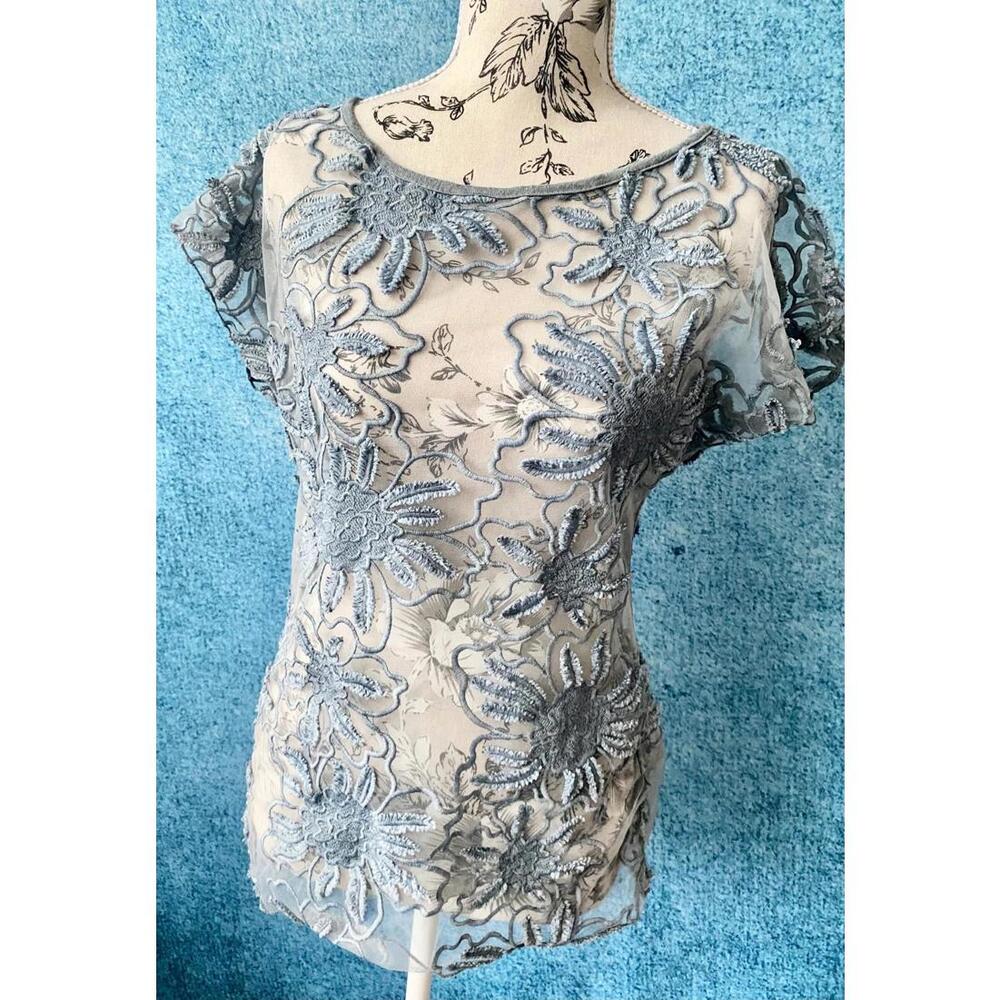 Vintage Blue Spring Summer Floral Patterned Sheer Top Size Small